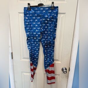 Pelagic Blue Patriotic Shark Print Leggings with Flag Accent